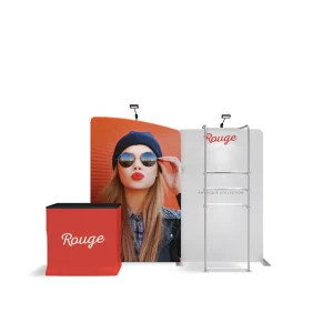 Waveline WLMAE2-KG-03 10x10 trade show display kit with waterfall shelving, fabric counter, and LED lights.