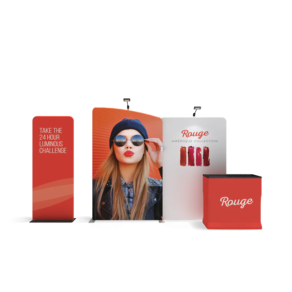 Waveline WLMAE2-KG-05 10x10 trade show kit featuring a tension fabric backdrop, CA900 counter, and double-sided banner stand.