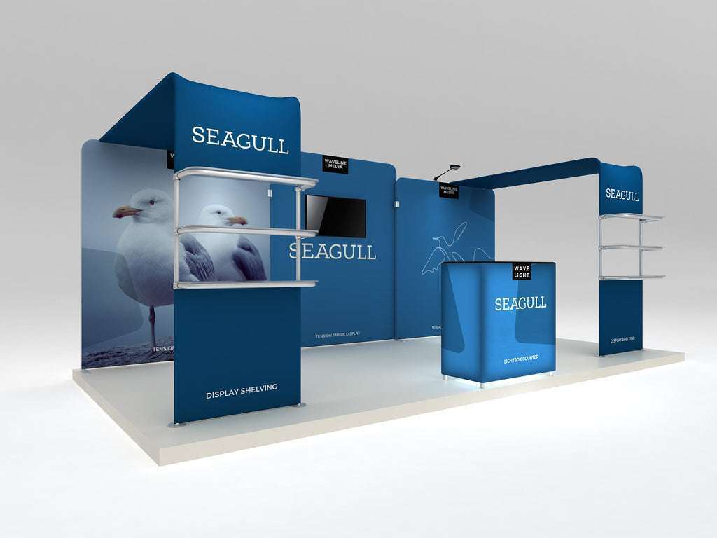 Makitso Seagull 10x20 Trade Show Display Kit with Product Shelving Towers