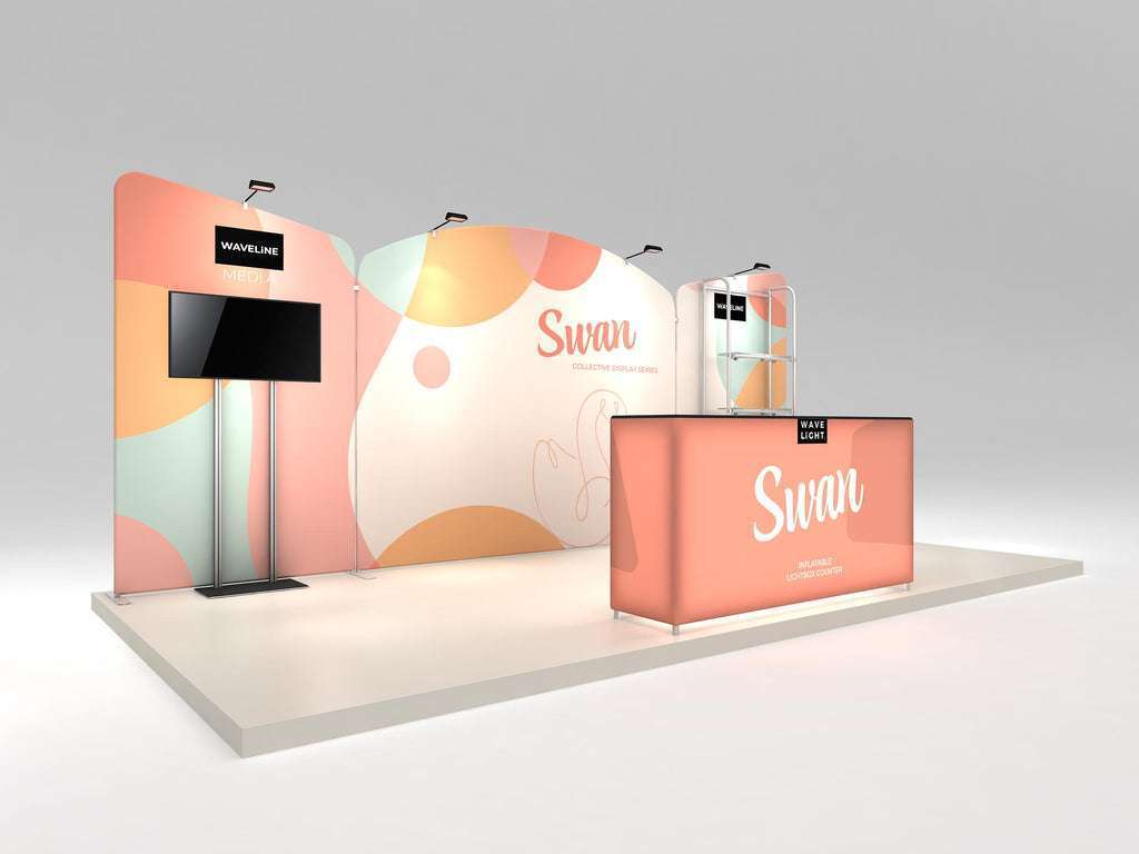 Makitso Swan 10x20 Trade Show Display Kit with Backlit Counter & Shelving
